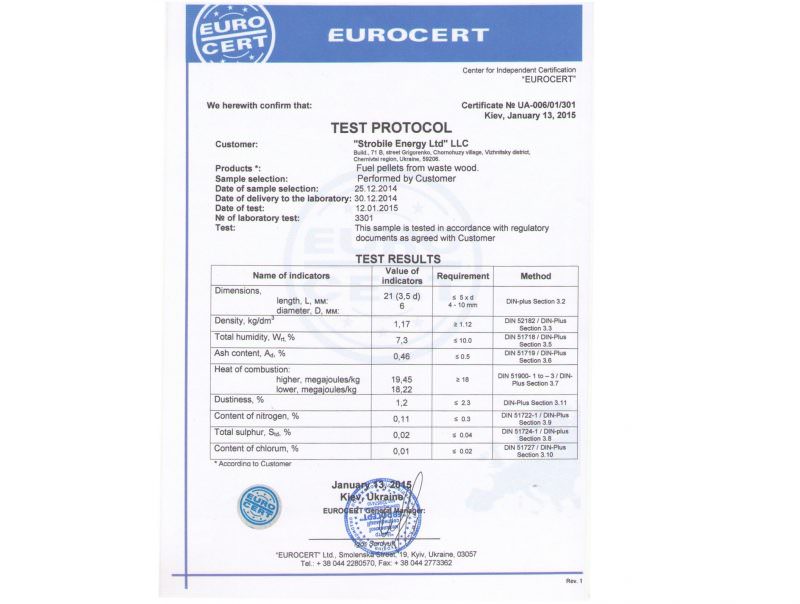 A Eurocert certification showing the result of 0,46% of ashes